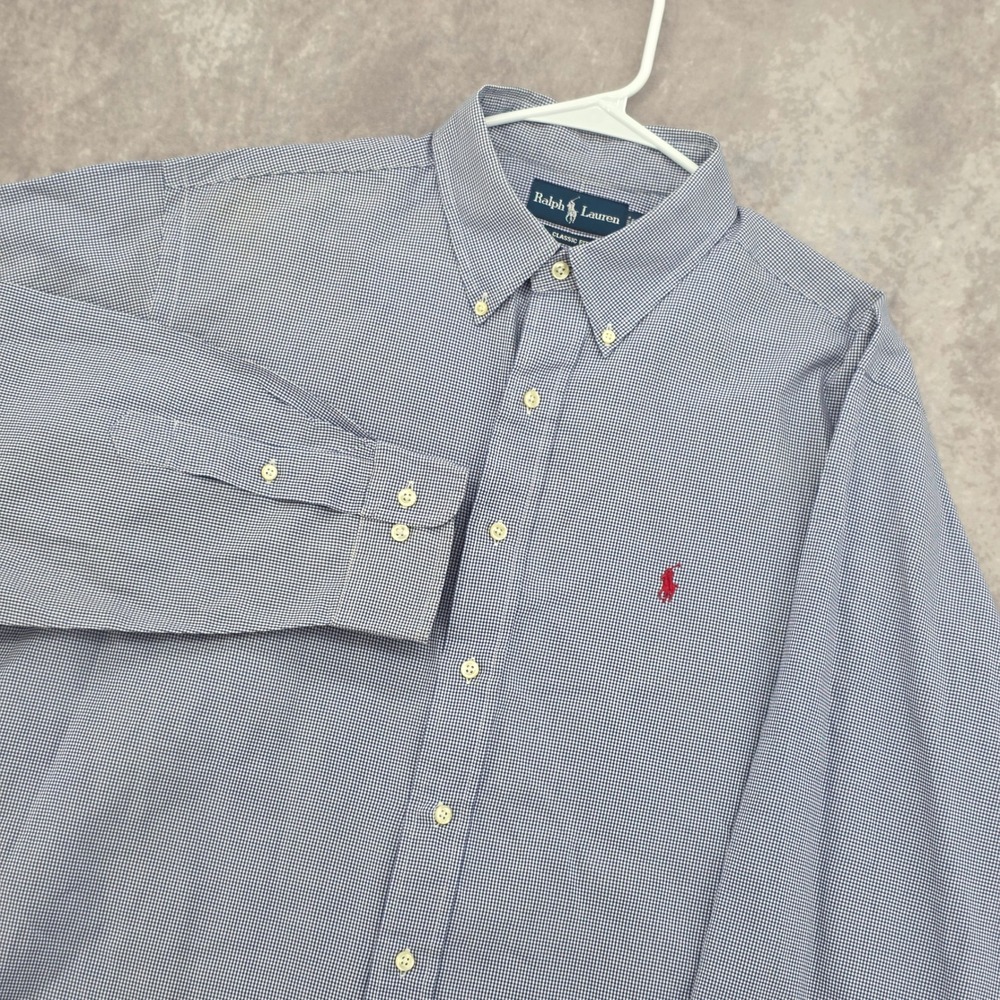 Ralph Lauren Mens Long Sleeve Button Down Shirt Blue White Gingham 17.5 Red Pony